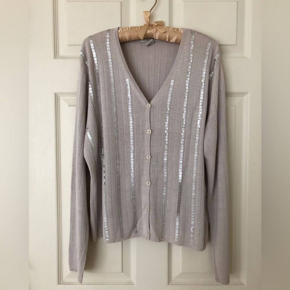 Norton McNaughton Silk Cardigan Sweater Sequined Light Gray Size XL